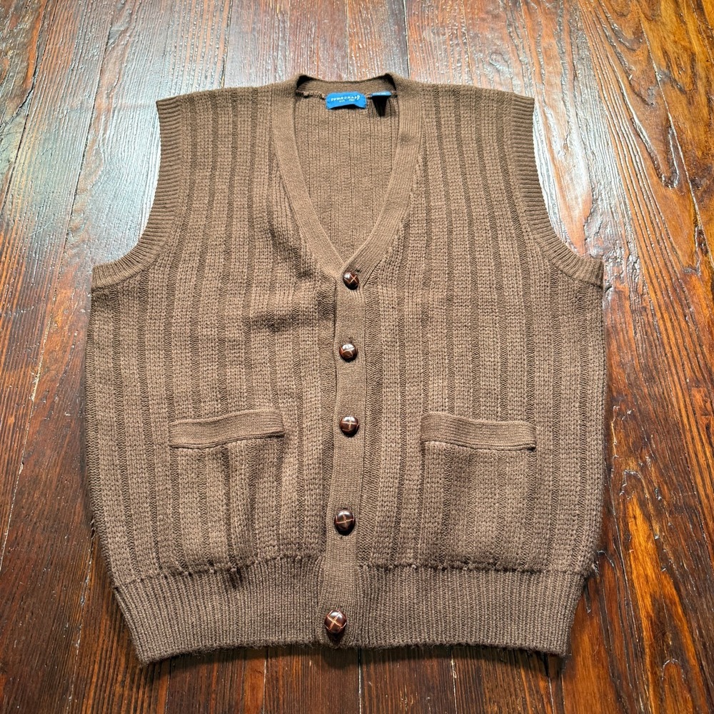 Vintage Towncraft Sweater Vest Mens L Brown Rib Knit Leather Buttons Grandpa